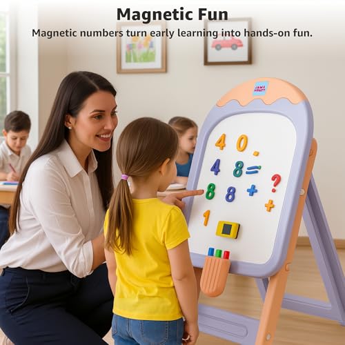 Image of Amazon Brand - Jam & Honey Ice Cream Easel Board Set for Kids | Magnetic Board with Accessories | Activity Table & Chair | Adjustable Height | Foldable | Age 2-5 Years