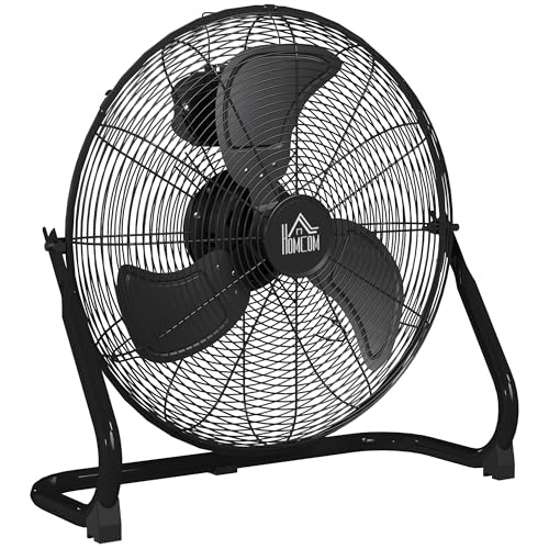 HOMCOM Ventilateur de Sol Ø59 cm Ventilateur Industriel sur pied 120 W avec 3 vitesses et inclinaison réglable à 120° en Métal pour chambre bureau Noir