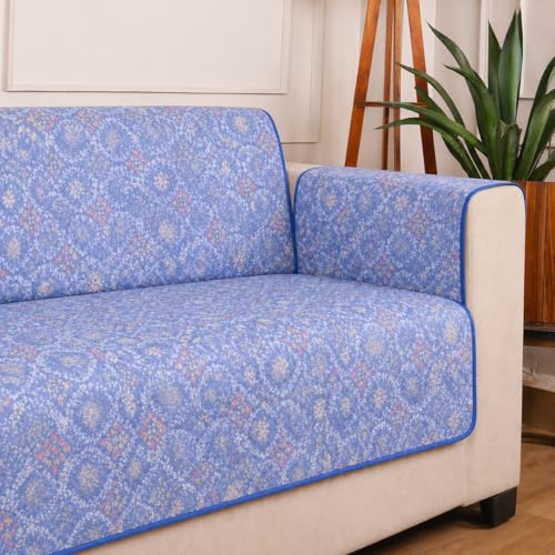 Image of STITCHNEST 'Double Vie Collection Series' Cotton Quilted Reversible Sofa Cover 2 Seater with Arm Rest and Pocket | Size 48x60 Inch