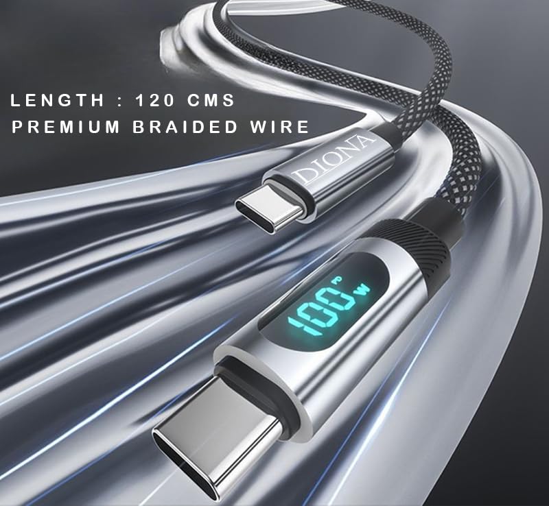 Image of DIONA 100W Type C to Type C Cable with LED Display with 5A Max Output, Fast Data Sync, 1.2M Length, Tangle Resistance Compatible With Mobile,Laptop,Tablets&Macbook,Rapid Data Transmission(Black)