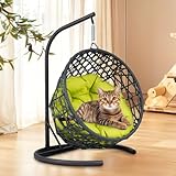 Hotpzeddaque Hanging Cat Swing Bed with Stand & Cushion – Rattan Wicker Egg Chair for Cats, Small Dogs & Pets, Indoor Swinging Bed, Cozy Resting Spot, Modern Design (Green + HDPE)