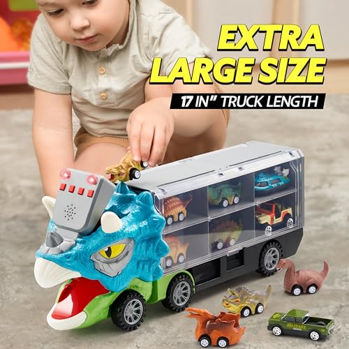 Image of JOYIN 13 in 1 Dinosaur Toys for Kids 3-5, Triceraptor Dinosaur Truck with 12 Pull Back Cars, Birthday Gifts Toys for 3 4 5+ Year Old Boy, Transport Carrier Truck