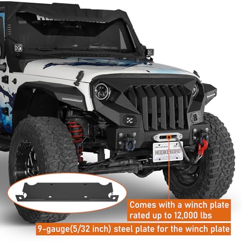 Image of Hooke Road JK Mad Max Front Bumper Grill for 2007-2018 Jeep Wrangler JK & Unlimited 2 /4 Doors, Rock Crawler Offroad Bumper with Winch Plate, LED Lights