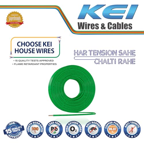 Image of KEI WIRES & CABLES Homecab 10 sqmm 1 Core Copper Flame Retardant House Wire PVC Insulated Cable for Domestic & Industrial Electrical Wiring (Green, 90 Meters)