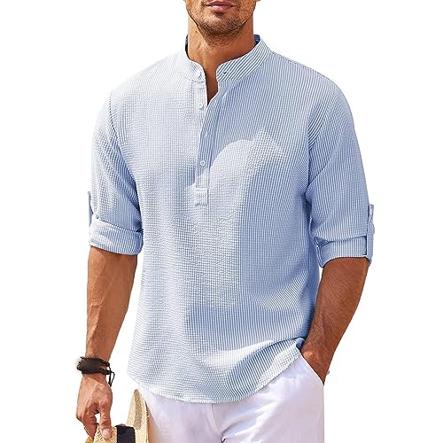 Maiyifu-GJ Men'a Casual Henley Shirts Band Collar Long Sleeve Beach Hippie T Shirts Business Striped Shirts (Large,Baby Blue)