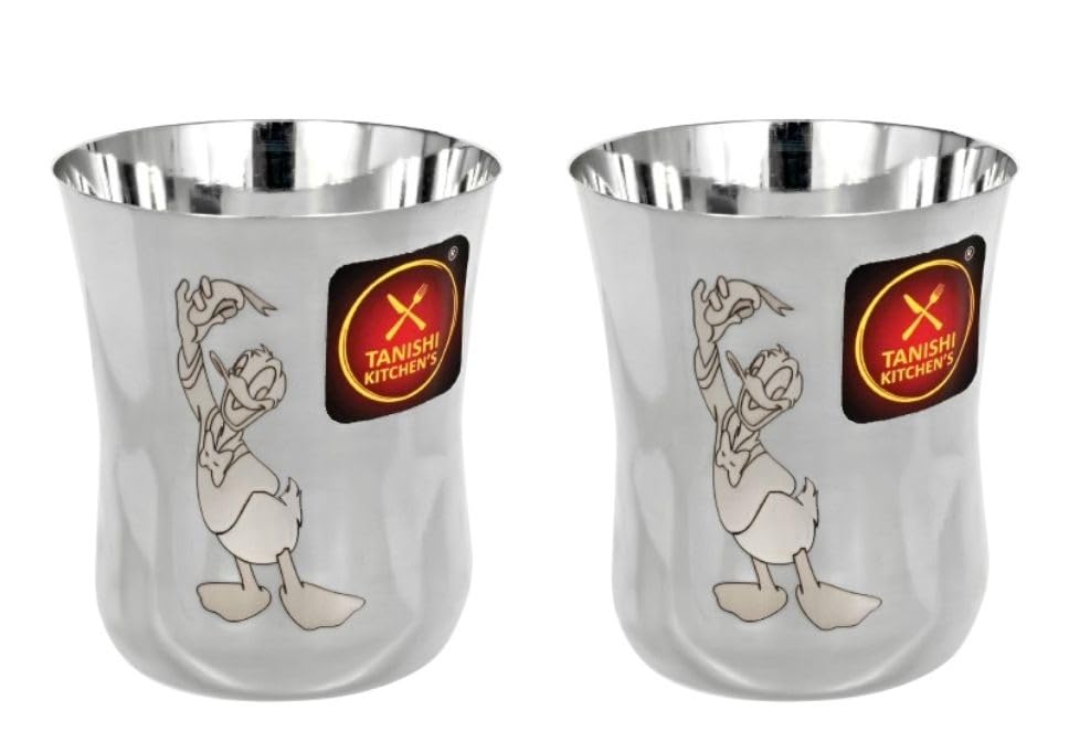 Image of TANISHI KITCHEN'S Stainless Steel Donald Duck Cartoon Glasses for Kids | Set of 2 (Small) 100 ml Each | Unbreakable Drinking Tumblers for Water, Milk & Juice | BPA-Free, Child-Safe Cups