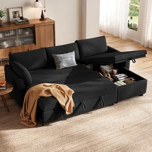 HOMRELEXA Ecksofa mit Schlaffunktion, Cord-Bezug Schlafcouch in L-Form, Schlafsofa Ausziehbar, Ausziehbares Sofa mit Stauraum, Umkehrbare Chaiselongue (Links oder rechts), Schwarz HOMRELEXA Ecksofa mit Schlaffunktion, Cord-Bezug Schlafcouch in L-Form, Schlafsofa Ausziehbar, Ausziehbares Sofa mit Stauraum, Umkehrbare Chaiselongue (Links oder rechts), Schwarz