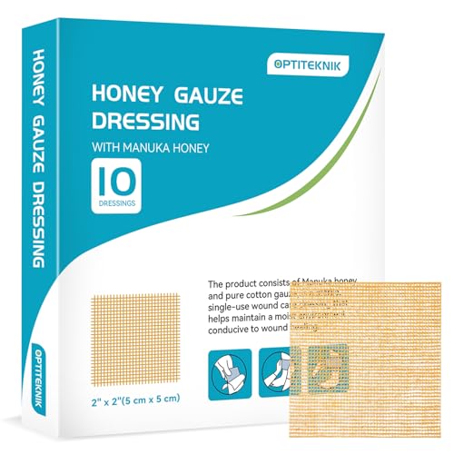 OPTITEKNIK Apósito de gasa de miel Manuka de 2 x 2 pulgadas, paquete de 10, vendaje para el cuidado de heridas de miel de Manuka para cortes, escaldaduras y quemaduras, productos de apósito de heridas