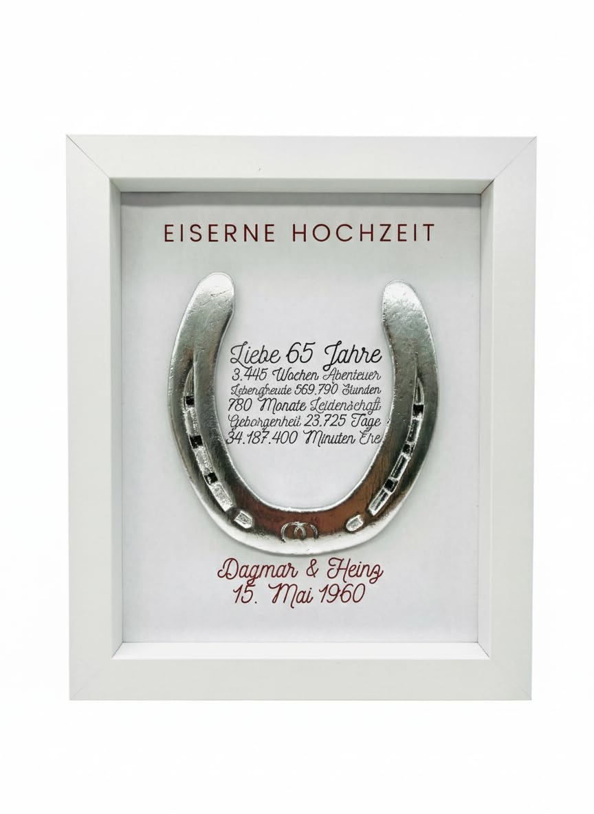 Generisch Geschenk zur eiserne Hochzeit, Eiserne Hochzeit, Wandbild 65 Jahre Ehe, personalisiertes getragenes Hufeisen (Hellbrau)