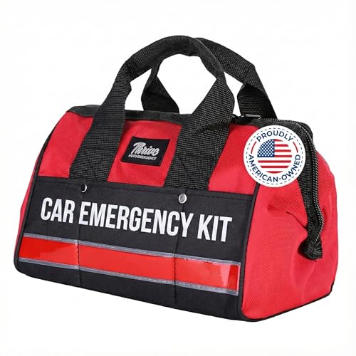 Thrive Car Emergency Kit & Roadside Emergency Car Kit - 104-Piece Set, Red Canvas Bag, Universal Fit - Jumper Cables, Escape Hammer & Tire Gauge - Road Trip Essentials & Emergency Supplies