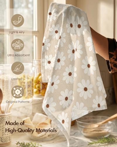 Image of Miss Adola 4pcs Flour Sack Kitchen Towels - 16x26 Inch Cotton Dish Towels Set of 4 with Hanging Loop Reusable Geometric Boho Modern Retro Tea Towel Absorbent Dishcloths Home Decor, Beige Plaid Daisy