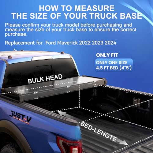 Image of Just-V Hard Tri-Fold Truck Bed Tonneau Cover for Ford Maverick 2022 2023 2024 Only Fit Crew Cab Pickup 4 Door 4.5FT Bed (4''5'), Upgrade Solid FRP Textured Black