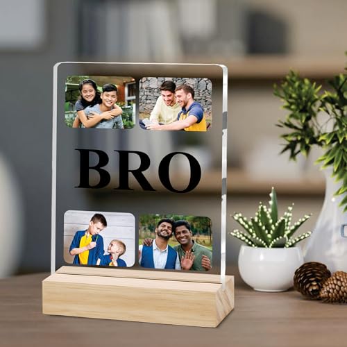 Image of Giftplease Customized Photo And Text Frame With Wooden Stand | Personalised Printed Photo Frame | Gift For Brother | Birthday | (Transparent, 5MM, 6 * 8 Inches), Tabletop BG 03