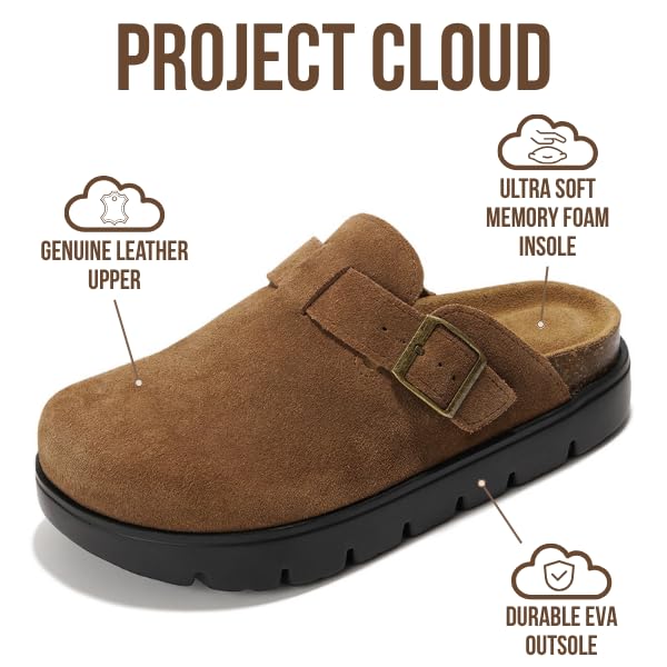 Project Cloud Genuine Leather Platform Clogs for Women Footwear - Memory Foam Arch Support Cork Footbed Casual Shoes & Mules for Women 2025 (Benton Chunky)
