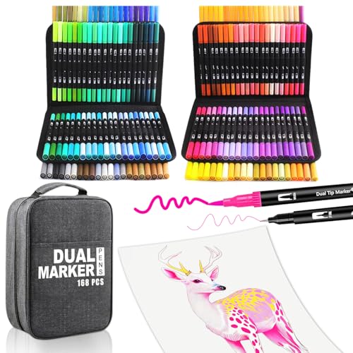 Rotuladores Lettering 168 Colores, Rotuladores Alcohol Punta Pincel, Doble Punta Fina, Kit para Niños y Adultos, Mandalas, Graffiti, Caligrafía, Dibujar, Acuarelables Profesionales