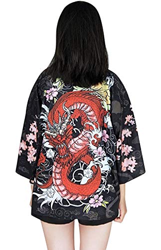 Womens Summer Loose fit Dragon or Crane Japanese Kimono Cover up OneSize US S-XL