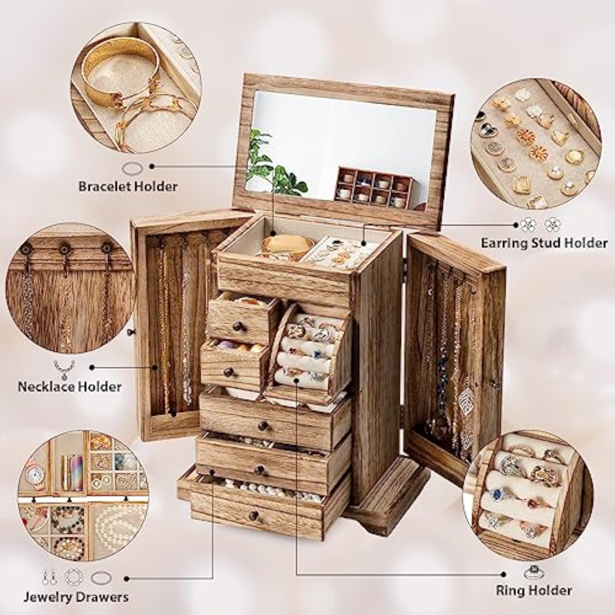 Rustic Wooden Jewelry Organizer Box with Mirror