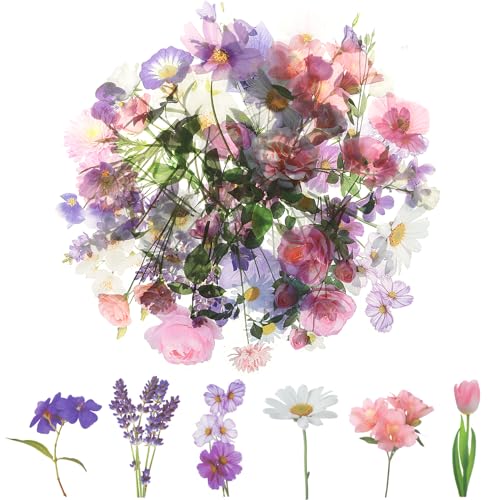120 Transparente Scrapbooking Aufkleber, PET Blumen Aufkleber Pflanzen Sticker, Flower Stickers, Blumenaufkleber für Scrapbook Fotoalbum Sammelalbum Laptops Handwerk(Helle)