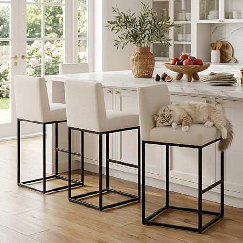 Image of HNY Modern Counter Height Bar Stools Set of 3, Linen Fabric Upholstered Bar Stool with Backs, 31 Inch Kitchen Island Stools with Black Metal Frame, Cream