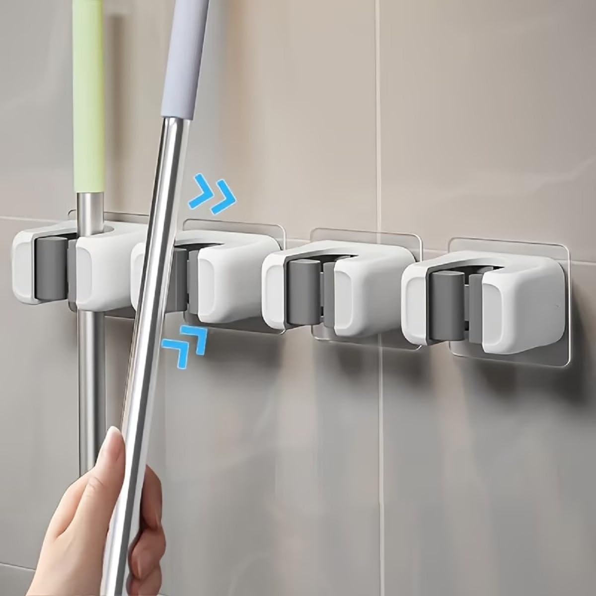Heavy Duty Self Adhesive Broom & Mop Holder (Pack of 4) | Wall Mounted Organizer Clip | No Drill Waterproof Cleaning Tool Holder | Strong Grip for Kitchen, Bathroom, Laundry, Garage & Garden-image-46