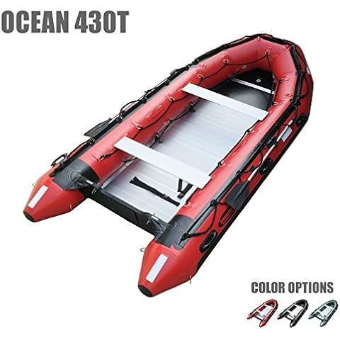 Seamax Ocean430T Commercial Grade Inflatable Boat, 14ft. x 6.4ft, 5 Pontoon Chambers, Aluminum Floor, V Bottom, Max Support 35HP Motor, Coast Guard Standard Reflective Tapes, Multi-Purpose (Red) Cover
