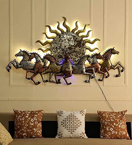 SUNTOWN Wrought Iron 7 RUNNING HORSE WITH LED Decorative Showpiece Wall Decor for Living Room/Hotel/Restaurant/Home/Office/Gift/49 * 2 * 26 IN