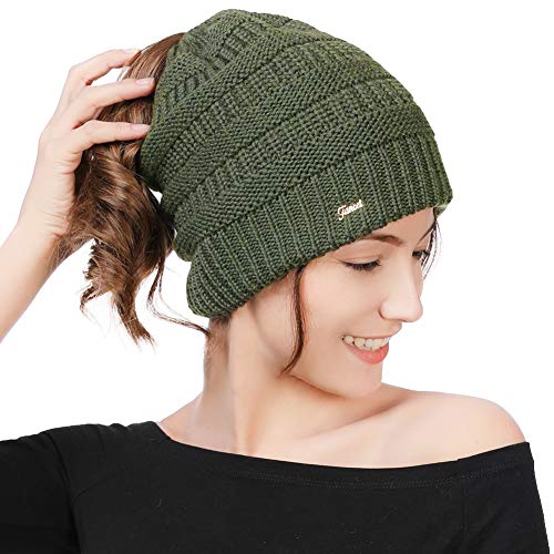 Womens Wool Beanie Crochet Knit Skull Cap Ponytail Long Hair Cold Weather Winter