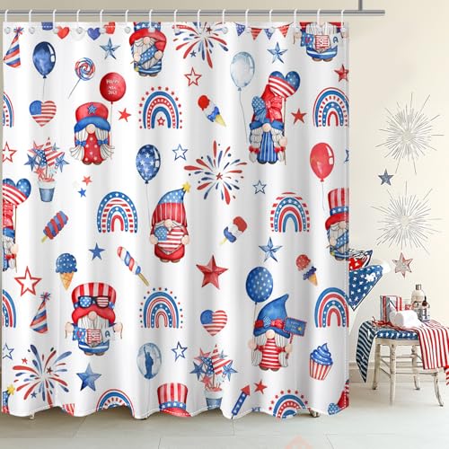 Lindameler Independence Day Gnomes Shower Curtain with 12 Hooks Red Blue Stars Balloon Dwarf 4th of July American Patriotic Shower Curtain for Independence Day Bath Decor 72 X 72 Inch