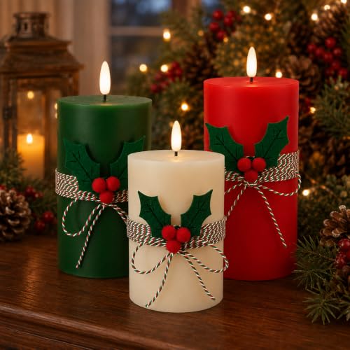 Image of Real Wax Flameless Candles 4 inch 5 inch 6 inch Set of 3 Indoor Outdoor Pillars Battery Operated Flickering Candles 3D Wick with Remote and Timer for Christmas Advent