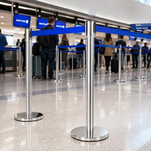 Image of LADWA Q Please (Q Manager), 202 Grade Extendable 2.25 mtr Hook Type Stanchions Barrier Accessories Steel Barricade, Blue Que Manager
