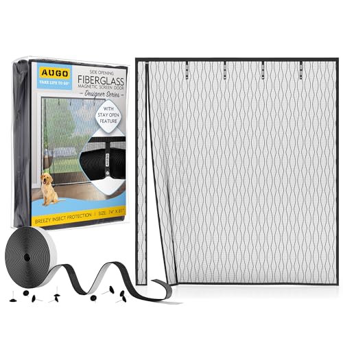 Image of AUGO Fiberglass Magnetic Screen Door Reversible Left Right Side Opening - Self Sealing, Heavy Duty, Hands Free, Keeps Bugs Out - Pet and Kid Friendly - Patent Pending Keep Open Feature - 74 inch x 81 inch