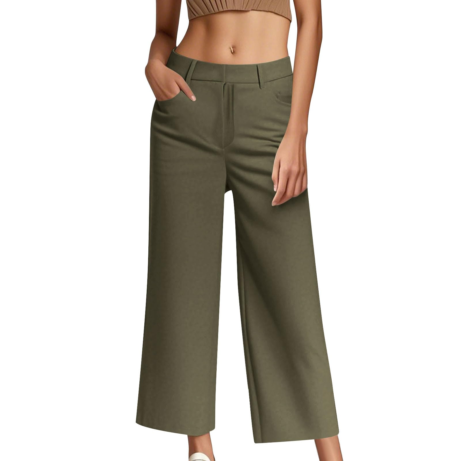 Suit Pants for Womens Summer Business Casual Mid Rise Button Wide Leg Slacks with Pockets Solid Color Office
