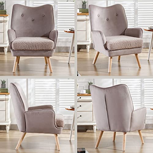 Vescasa Velvet Tufted Accent Chair With Wood Legs, Modern Wingback Armchair With Sherpa Padded Seat Cushion For Living Room/Bedroom/Reading, Light Grey #TOP6