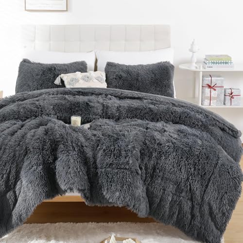Smoofy Fluffy King Size Comforter Set, Faux Fur Comforter Set, Luxury Fuzzy King Bedding Set, Soft Shaggy Bed Set for All Season, 3 Pieces - 1 Comforter & 2 Pillowcases, Dark Grey