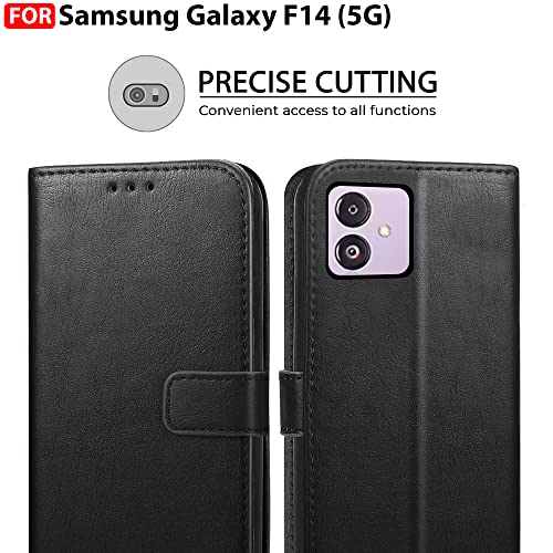 Image of CEDO Flip Cover for Samsung Galaxy F14 (5G) | Leather Finish | Inside Pockets & Inbuilt Stand | Shockproof Wallet Style Magnetic Closure Back Case Flipcover (Black)