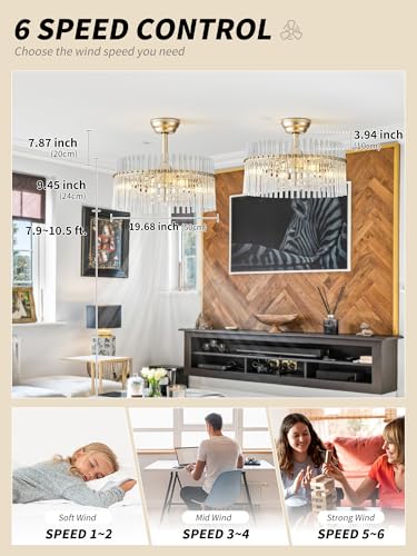 Image of SYDACG 20 inch Gold and Clear Crystal Fandelier Ceiling Fan with Light, Mid-Century Chandelier Ceiling Fan with Light Remote Control, 6 Speeds for Bedroom, Nursery, Living Room