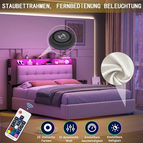 PerGar Bett 140x200, Doppelbett Polsterbett Funktionsbett mit LED-Beleuchtung und Kabelloses Laden, Kopfteil mit Stauraum, Bettgestell Stauraumbett mit Lattenrost, Samt, Ohne Matratze, Cremefarben – Bild 4