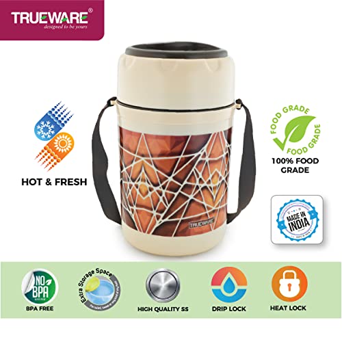 Image of Trueware Trendy 4 Inner Steel Outer Plastic thermoware Lunch Box | 4 Container 300 ML Each-Brown | PU Insulated | Lunch Box | Tiffin | Hot lunch box | Leak Proof | Easy to Carry | Hot & Cold Food Grade| BPA Free | Stainless Steel Dabbi | Office | Outdoors | For Men, Women, and Kids