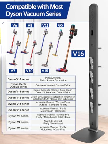 Image of Metal Vacuum Stand for Dyson V16 Gen5 V15 V12 V11 V10 V8 V7 V6, Cordless Vacuum Organizer w /4 Hooks & 4 Shelves, Hidden Cable Design, Space-Saving Attachment Holder for Dyson Vacuums, Dark Gray
