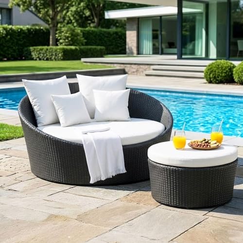 Image of DEVOKO Outdoor Pool Side, Garden, Balcony, Porch, Backyard, Terrace, Patio, Beach Round Sofa Wicker and Rattan Daybed with Table Furniture Set (Black & Offwhite)