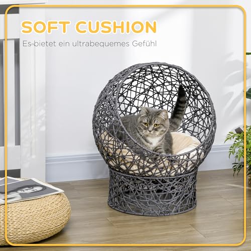 PawHut Katzenkorb, Katzenhöhle mit Kissen, Katzenhütte aus Polyester-Seil, Katzenbett mit Zylindrischem Sockel, Haustierbett, Violett+Cremeweiß, 50 x 50 x 60 cm