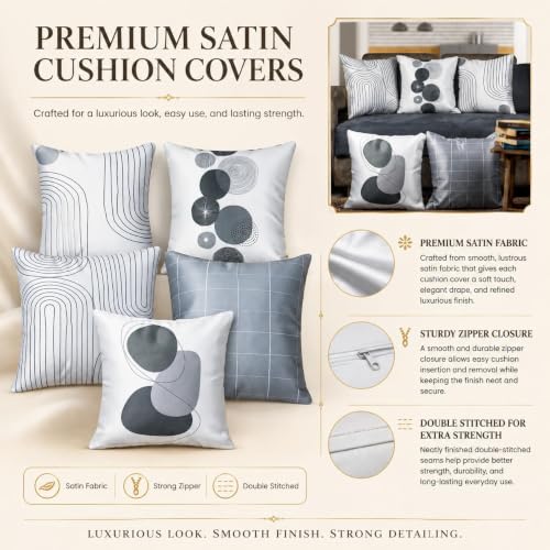 Image of Decorative Satin Sofa Cushion Covers Set of 5, 16 x 16 Inches, Multicolor Floral Printed Pillow Covers for Living Room, Bedroom, Couch & Sofa, Soft Glossy Fabric, Zipper Closure