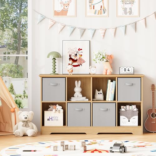 Image of 8 Cube Storage Organizer Shelf, Wood Cubby Storage with 4 Fabric Drawers, 2 Tier Wooden Bookshelf with 2 Adjustable Shelves & Fluted Side Panels for Living Room, Home Office, Wood
