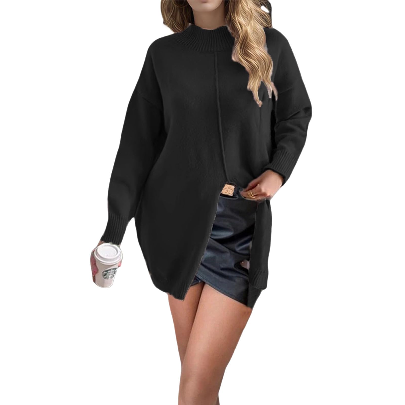 Womens Long Turtleneck Sweaters High Split Long Sleeve Ribbed Textured Sweater Pullover Fall Winter Trendy Comfy Shirts