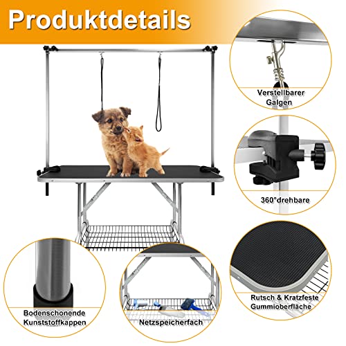 QEENTOE Hundefriseur Tisch Klappbar, Höhenverstellbar - Professioneller Trimmtisch mit Sicherheitsarm&Stauraum - Für Tierpflegesalon & Heimgebrauch, Schwarz-113x60x175cm