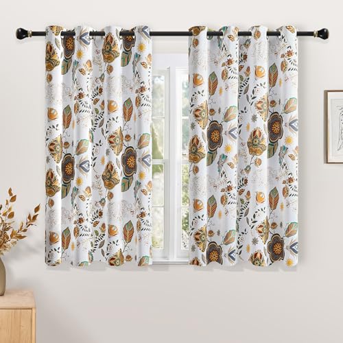 Image of XiDi White Vintage Fancy Floral Patterned Blackout Curtains 63 Inch Length | Shabby Chic Farmhouse Curtains for Bedroom Living Room Darkening Mid Century Colorful Grommet Black Out Drapes 2 Panels 52x63