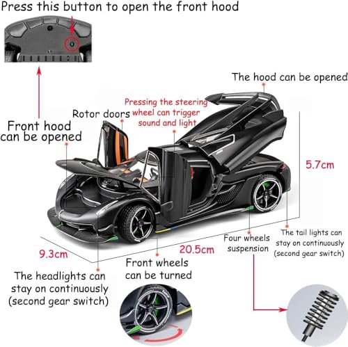 Image of 1:24 Koenigseggg Jesko Sport Alloy Metal Pull Back Die-cast Car Openable Doors and Light Music Toy Car for Kids (1:24 Koenigsegg - Black)