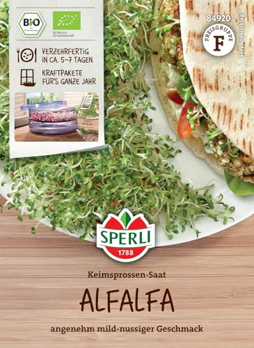 Sperli Semillas de brotes orgánicos de Alfalfa 84920 – Sabor a nuez suave, apto para brotes de cristal, alta calidad orgánica, ideal para el cultivo de brotes y el cultivo de semillas