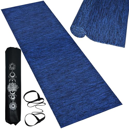 Image of Pure Cotton Yoga Mat for Women and Men, Size- 60x180 cm (2x6 feet), Handloom Woven with 6 mm Thick, Strong Anti-Slip Backing, Eco-Friendly (Blue)