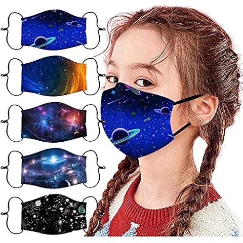 [UK Stock] 5 Packs Kids Protect_Cover_Mask Reusable Washable Soft Cotton Boys Girls Stars Space Pattern With Adjustable earloops Breathable Skin Care Antidust Outdoor house protection (A) Cover
